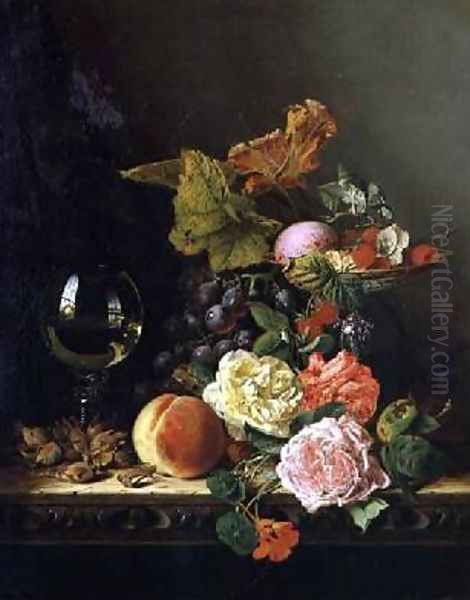 A Wine Glass Grapes Nuts and Roses on a Ledge Oil Painting by Edward Ladell