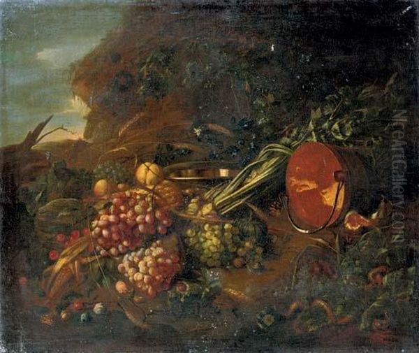 Fruit, Vegetables And Copper Wear In A Landscape Oil Painting by Jan Davidsz De Heem