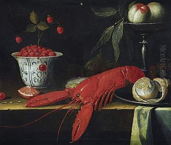 Bodegon Con Langosta, Plato Con Limon Y Otros Objetos Y Frutas Sobre Una Repisa Oil Painting by Jan Davidsz De Heem