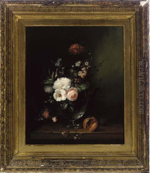 Iris, Carnation, Pink Roses, 
Hibiscus And Honeysuckle In A Glass Vase With A Pomegranate To The Side,
 On A Stone Ledge Oil Painting by Jan Davidsz De Heem