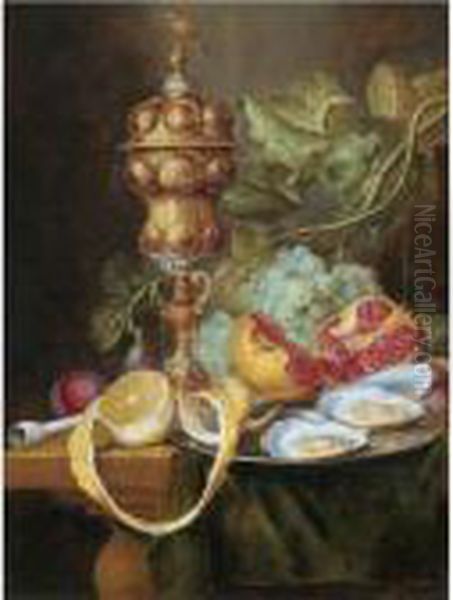 Still Life With A Gilt Pokal, A 
Bunch Of Grapes, A Plum, A Fig, A Partly Peeled Lemon, With Oysters And 
An Open Pomegranate On A Pewter Plate, All Arranged On A Partly Draped 
Table Oil Painting by Jan Davidsz De Heem