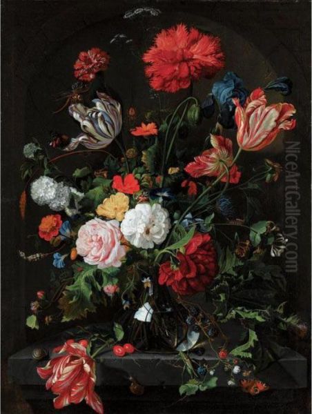 Still Life With Flowers In A 
Glass Vase On A Stone Ledge Before A Niche, With A Red Admiral, A 
Grasshopper, Other Insects And Snails Oil Painting by Jan Davidsz De Heem