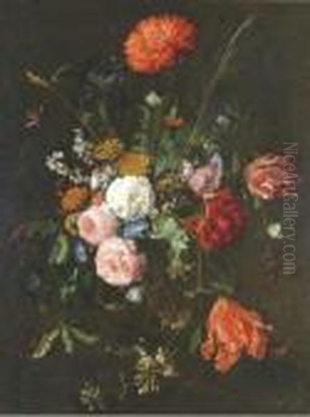 Roses, Tulips, Iris And Wild Flowers In A Vase Oil Painting by Jan Davidsz De Heem