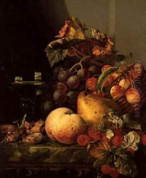 A Still Life of a Glass of Wine Cherries and other fruit on a Ledge Oil Painting by Edward Ladell