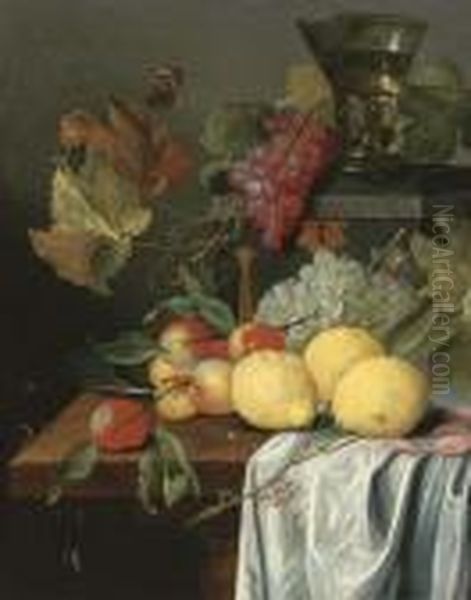 Lemons, Peaches, Prawns And Grapes With A Magpie Butterfly Oil Painting by Jan Davidsz De Heem