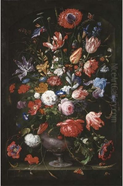 Roses, Tulips, Marigolds, A 
Geranium And Other Flowers In Asculpted Vase With Butterflies Oil Painting by Jan Davidsz De Heem