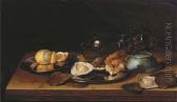 An Upturned Roemer And Chinese 
Bowl, A Peeled Lemon, Bread And Oysters On Silver Platters, All With 
Oysters On A Wooden Ledge Oil Painting by Jan Davidsz De Heem