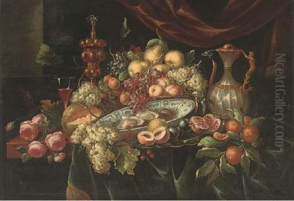 A Ewer, A Silver-gilt Cup And Cover, A Roemer Of Wine Oil Painting by Jan Davidsz De Heem