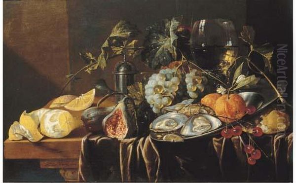 A Pronk Still Life With Oysters,
 Oranges And Cherries On A Pewterplate, A Partly-peeled Lemon, A Plum, 
Grapes, A Fig, A Pewter Salt,a Bun, A Roemer And A Tall Flute On A 
Partly-draped Table Oil Painting by Jan Davidsz De Heem