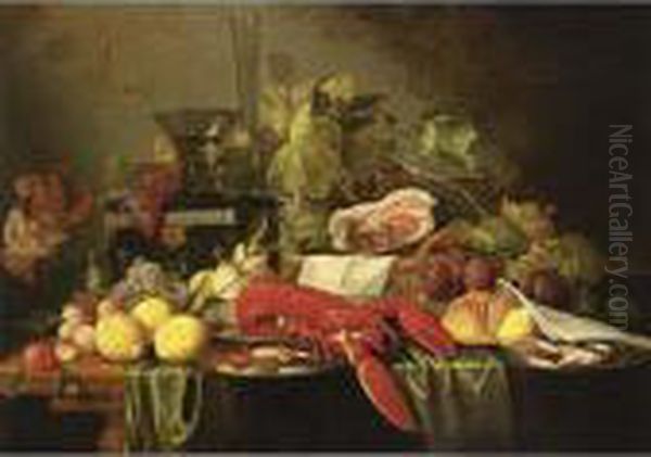 A Still Life With A Lobster, 
Crabs And Shrimps On Silver Plates, Lemons, Apricots, Black And White 
Grapes, Prunes, A Ham In A Basket, And A Bun Together With A Berkemeier 
On A Box And A Flute, All On A Wooden Table Draped With A Green 
Tablecloth Oil Painting by Jan Davidsz De Heem