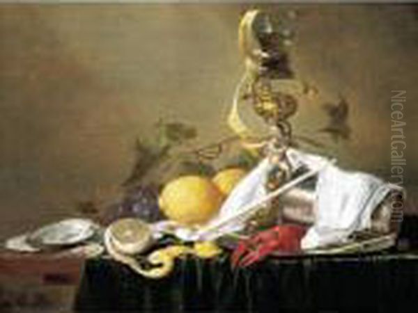 Still Life Of A Wine-glass On A 
Parcel-gilt Stand, An Overturned Silver Beaker And A Lobster On A Pewter
 Plate, Together With A Clay Pipe, Lemons, Grapes, Shrimps And Oysters, 
All Arranged Upon A Table-top Draped With A Green Cloth Oil Painting by Jan Davidsz De Heem