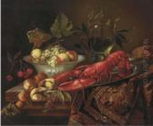 A Goblet Of Wine, A Bowl Of 
Peaches And Grapes, A Lobster On A Salver By A Peeled Lemon, Apricots, 
Raspberries And A Rug On A Ledge Oil Painting by Jan Davidsz De Heem