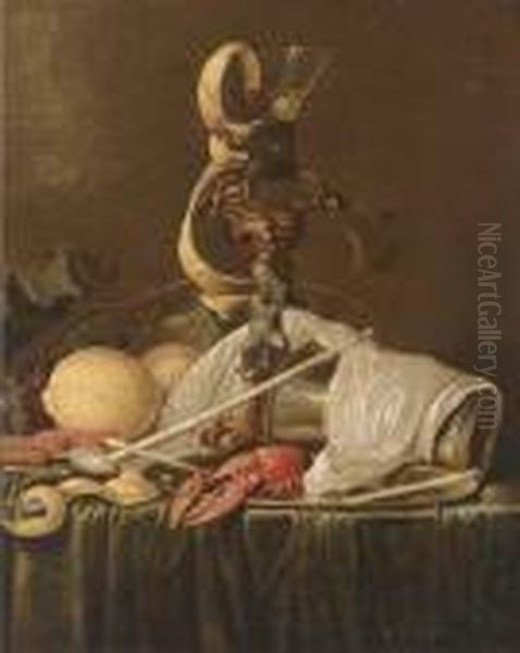 Lemons, Grapes On The Vine, 
Prawns, A Lobster On A Pewter Dish Anda Roemer On A Stand, On A Draped 
Table Oil Painting by Jan Davidsz De Heem