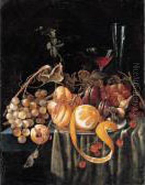 A Still Life Of Grapes, 
Apricots, Plums, Cherries And A Peeled Orange, Together With Glasses On A
 Table Oil Painting by Jan Davidsz De Heem