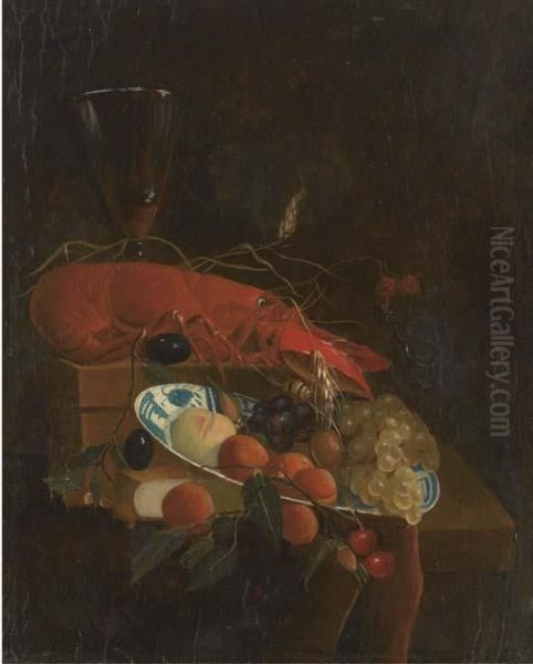 A Lobster, A Roemer Of Wine, A 
Book, Grapes, Cherries, Plums And Other Fruit In A Dish On A 
Partly-draped Ledge Oil Painting by Jan Davidsz De Heem