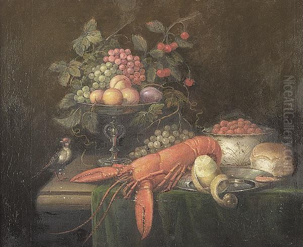 Still Life Of A Lobster, A Compote Of Fruit And A Songbird Oil Painting by Jan Davidsz De Heem