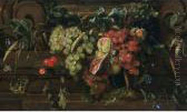 A Still Life With White And Blue
 Grapes, Peaches, Cherries, A Fig, An Ear Of Wheat, Oak Leaf And Acorns,
 A Sweet Chestnut, Filbert Nuts, Hawk-weed, A Medlar, A Garden Tiger 
Moth, Together With Borage, And Other Flowers, All Against A Decorative 
Sc Oil Painting by Jan Davidsz De Heem