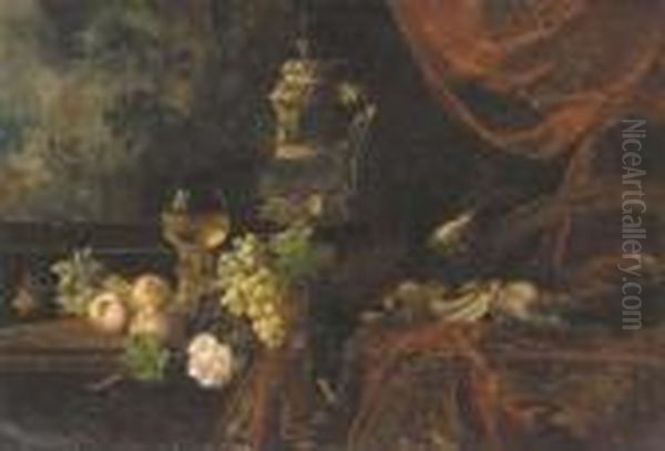 Assorted Fruits, Flowers And Game With A Roemer Glass And Silvertankard On A Table Oil Painting by Jan Davidsz De Heem