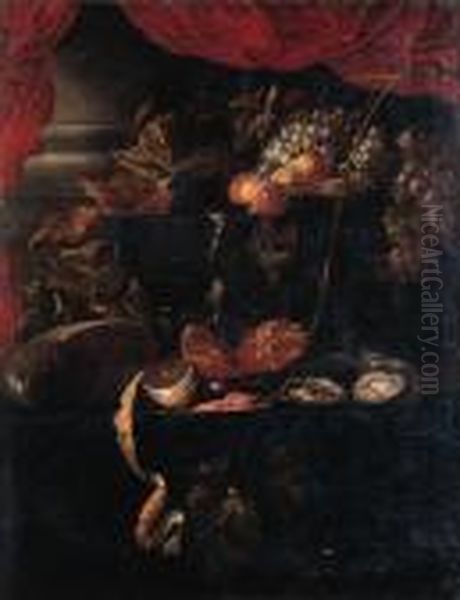 Grapes, Vines, Peaches And A 
Fob-watch On A Jewelry Box, Shrimpsand A Peeled Lemon On A Pewter Plate,
 Oysters, A Pomegranate, Agiant Berkemeyer And A Nautilus Shell On A 
Draped Table By A Drapedcolumn Oil Painting by Jan Davidsz De Heem