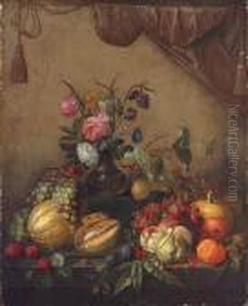 Grapes, Melons, Plums, Peaches, 
Oranges, Cherries, A Pumpkin, Aglass Of Wine And A Vase Of Flowers 
Before A Wall Draped With Acurtain Oil Painting by Jan Davidsz De Heem