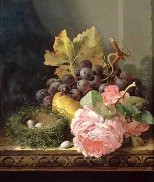 Still life roses fruit and birds nest Oil Painting by Edward Ladell