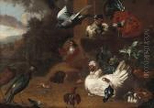 A Cockerel, Hens, Chicks, A Pigeon And Other Birds In A Landscape Oil Painting by Melchior de Hondecoeter