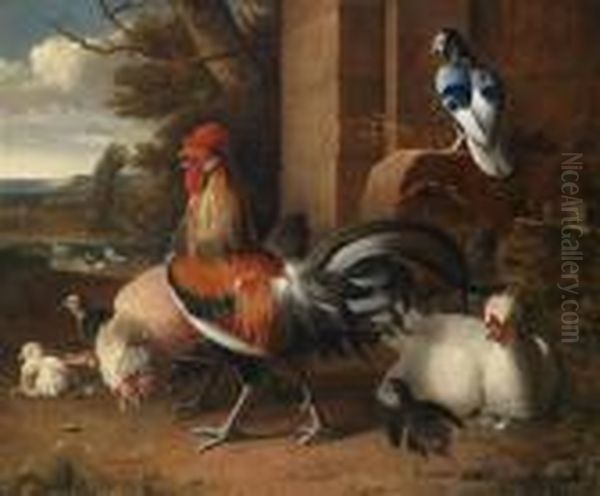 A Chicken Yard With A View Of Alandscape Oil Painting by Melchior de Hondecoeter