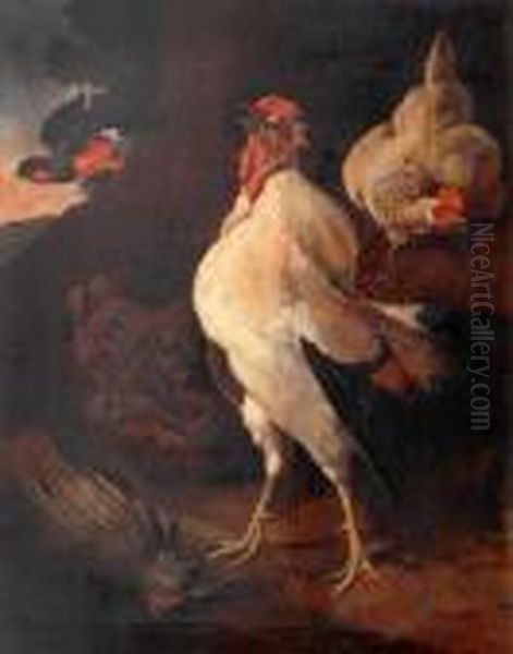 Birds Before A Landscape Oil Painting by Melchior de Hondecoeter