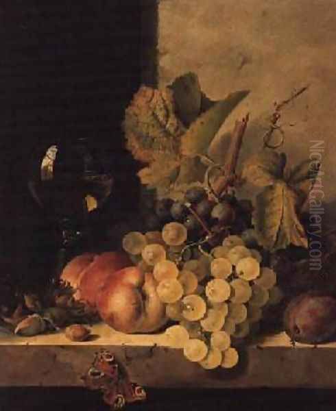 Grapes Peaches and a Wine Glass on a Ledge Oil Painting by Edward Ladell