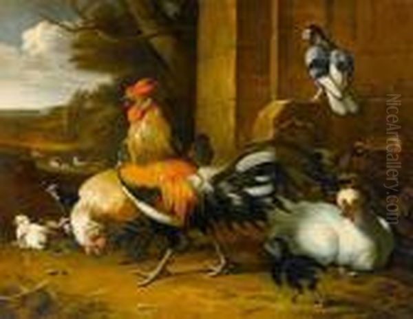 Fowl, 
With Cockerel, 
Hen, 
Chicks, 
A Duck And A Dove Before A Landscape Oil Painting by Melchior de Hondecoeter