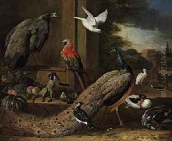 A Peacock, A Peahen, A Monkey And Other Birds On A Terrace Oil Painting by Melchior de Hondecoeter