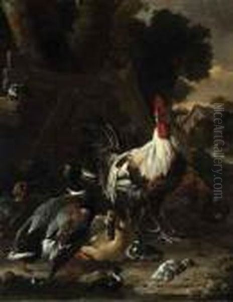 Ducks, Hens And Other Fowl In A Yard Oil Painting by Melchior de Hondecoeter