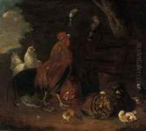 A Rooster, Hens, Chicks And Other Birds In A Landscape Oil Painting by Melchior de Hondecoeter