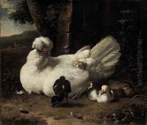 A Hen With Chicks In A Landscape by Melchior de Hondecoeter