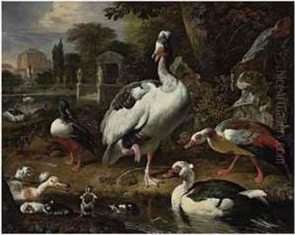 A Grey And White Crested Goose, A
 Shoveler, A Muscovy Duck,goslings, Ducklings And Other Fowl In A Park, 
Elegant Buildingsbeyond Oil Painting by Melchior de Hondecoeter