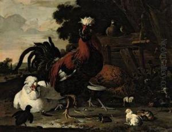 A Rooster, Hens, Chicks And A Pigeon Near A Wood Paling In Alandscape Oil Painting by Melchior de Hondecoeter