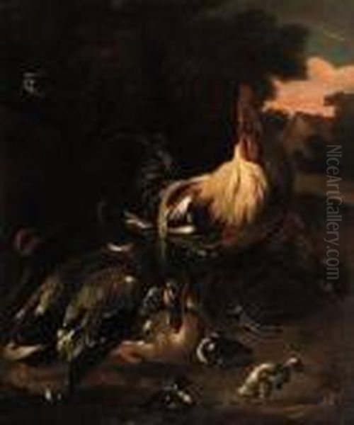 A Rooster, Ducks And Other Birds In A Landscape Oil Painting by Melchior de Hondecoeter