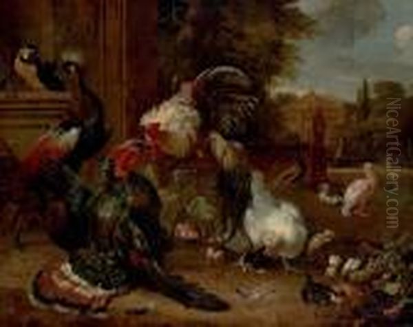 A Cockerel And A Turkey 
Fighting, Hens, A Parrot, A Peacock, Amuscovy Duck, A Pelican And Other 
Birds In A Garden, A Pond With Aswan And A Flamingo, A Fountain And A 
Palladian House Beyond Oil Painting by Melchior de Hondecoeter