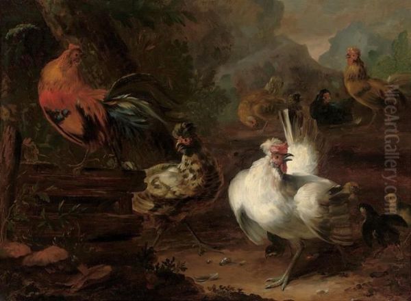 Cockerels, Chicks And Hens In A Wooded Landscape, Mountains Beyond Oil Painting by Melchior de Hondecoeter