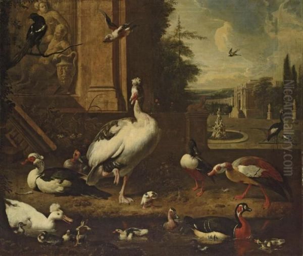 Geese, Ducks, A Magpie And Other
 Birds At A Pond, An Architectural Capriccio Landscape Beyond Oil Painting by Melchior de Hondecoeter