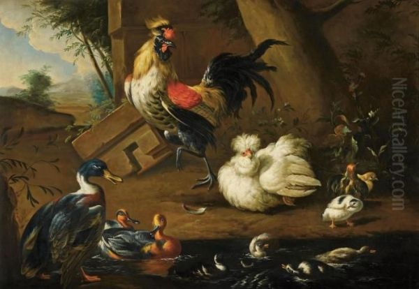 Huhner Und Enten Vor Einem Architekturfragment Oil Painting by Melchior de Hondecoeter