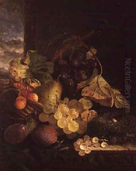 A Still Life with a Basket of Fruit and a Birds Nest on a Wooden Ledge Oil Painting by Edward Ladell