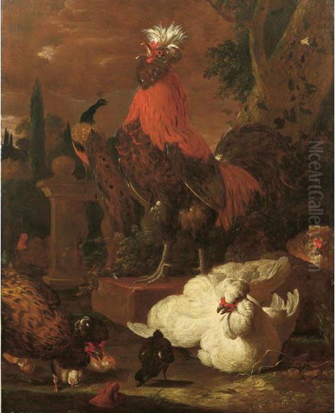 Chiocce Con Pulcini, Gallo Vittorioso E Pavone Oil Painting by Melchior de Hondecoeter