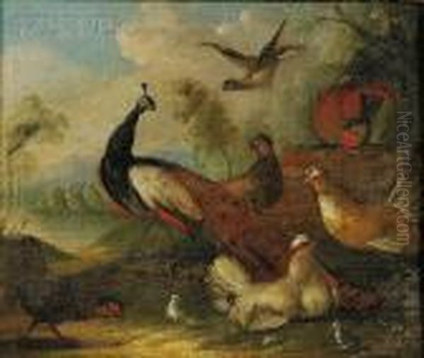 Birds In A Landscape Oil Painting by Melchior de Hondecoeter