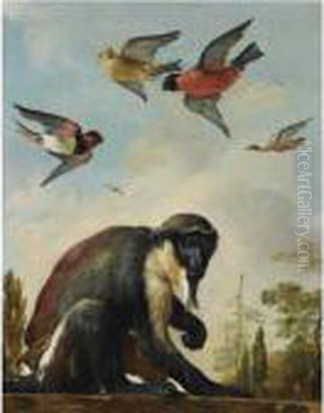 A Diana Monkey On A Chain In A Landscape With Four Colourful Birds In The Sky Oil Painting by Melchior de Hondecoeter