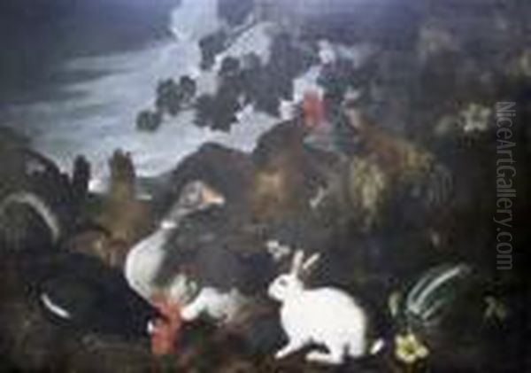 Cockerels, Goose And White Rabbit In Landscape Oil Painting by Melchior de Hondecoeter