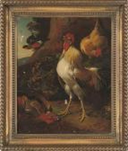 A Cockerel And Hens In A Landscape; And A Hen, Chicks And A Peacockin A Landscape Oil Painting by Melchior de Hondecoeter