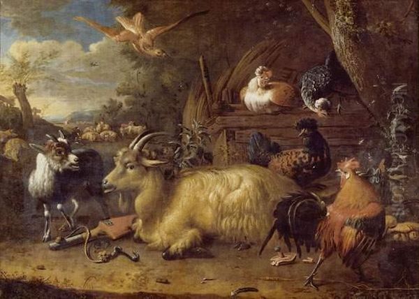 Chevre, Chevreau Et Poules Dans Un Paysage Oil Painting by Melchior de Hondecoeter