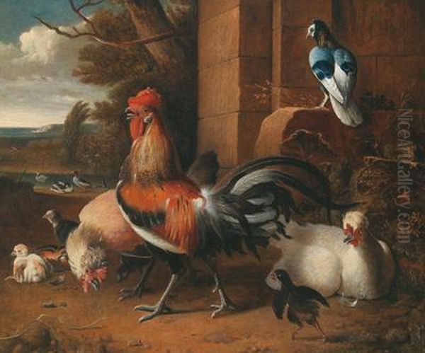 Pollaio Con Paesaggio Sullo Sfondo Oil Painting by Melchior de Hondecoeter