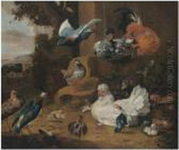 Hens, Chickens, A Pigeon And A Lapwing In A Garden Landscape Oil Painting by Melchior de Hondecoeter